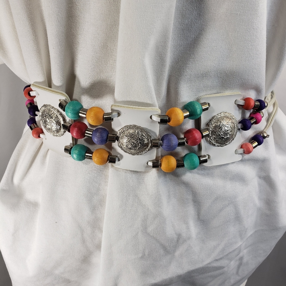 Designer Western Style White w/Multi  Leather Wooden Bead Accents Belt